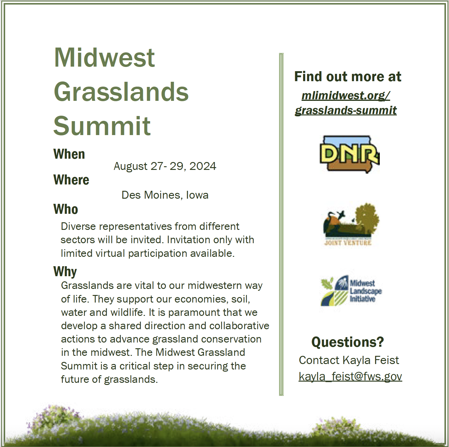 Flyer describing basic facts about the 2024 Midwest Grasslands Summit